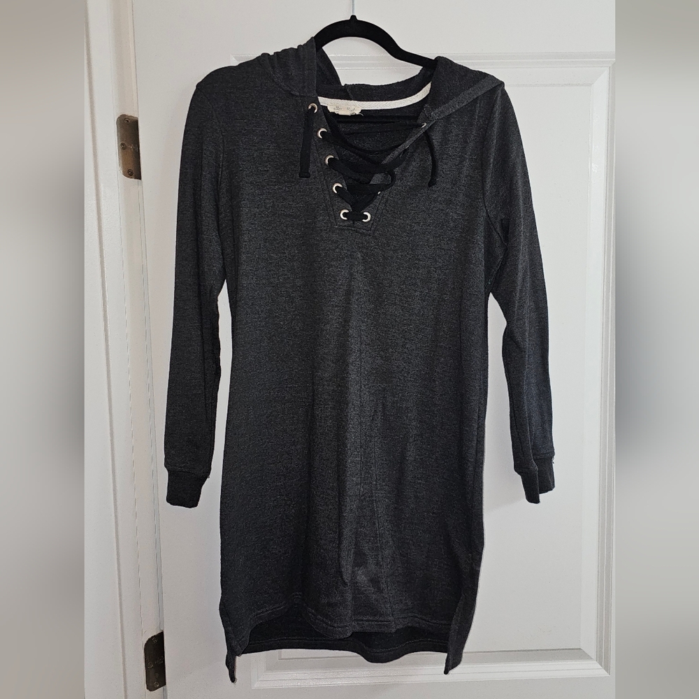 Charcoal Gray Lace-Up Hoodie Extra Long Hooded Shirt
